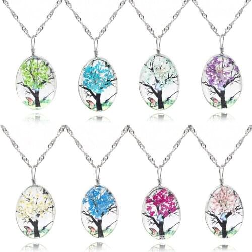 Handmade Tree Like of Life Dried Flower Necklace Resin Dome Glass Cabochon Flower Tree Pendant Necklace for Women Girls