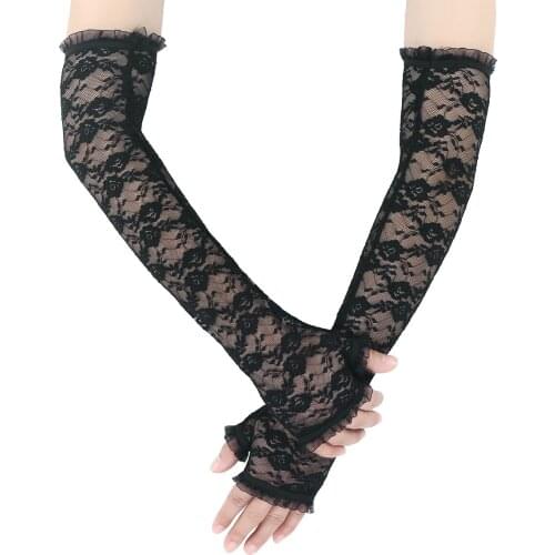Long Lace Floral Hollow-Out Fingerless Gloves Women UV Protection Driving Breathable Sunscreen Gloves Accessories Guantes Mujer