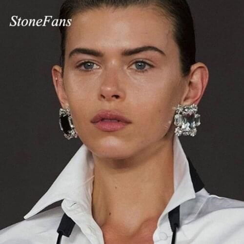 Stonefans Fashion White Crystal Square Earrings Rhinestone Clip on Earring Without Piercing Ear Clips for Women Party Jewelry