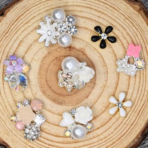 JE.Black/White/Pink/Purple/ Ally Flower Rhinestones For Manicure 10pcs Pearl Floral Mix Diamonds For Nails Kawaii 3d Nail Charms