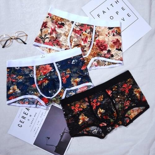 3Pcs/Pack Lace Underwear Sexy Men Boxershorts Trunks Gay Lace Floral Underpants Penis Pouch Boxers Transparent Cueca Wholesale