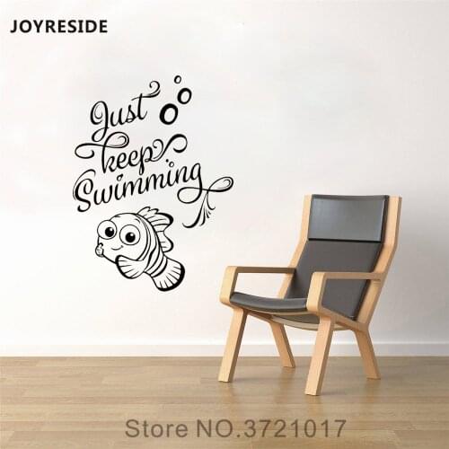 JOYRESIDE Just Keep Swimming Wall Fish Decal Vinyl Sticker Home Decor Kids Baby Girl Boy Room Bathroom Bedroom Design Mural A498