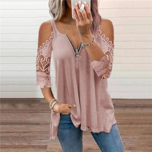 Sexy Summer Half Sleeve Lace Shirt Women Casual Zipper V Neck Loose T Shirt Hollow Out Sling Elegant Pullover Tops