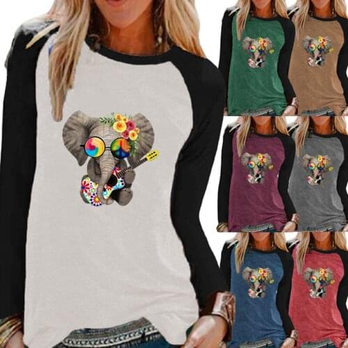 Ladies Autumn Casual Long-sleeved Round Collar Shirt Fashion Elephant Printing Raglan Sleeves Loose Oversized T-shirt XS-5XL