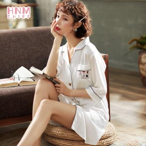 HNMCHIEF White 2020Summer Autumn Silk Womens Sleepwear Sexy Sleepshirt Long Ladies Nightgown Shirt Skirt Girl Outwear Nightdress