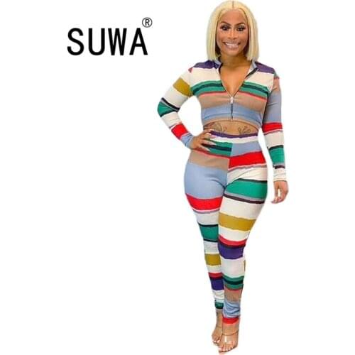 Contrast Color Striped Loungewear Women Two Piece Pants Sets Zipper Long Sleeve Jacket Top High Waist Jogger Trousers Workout