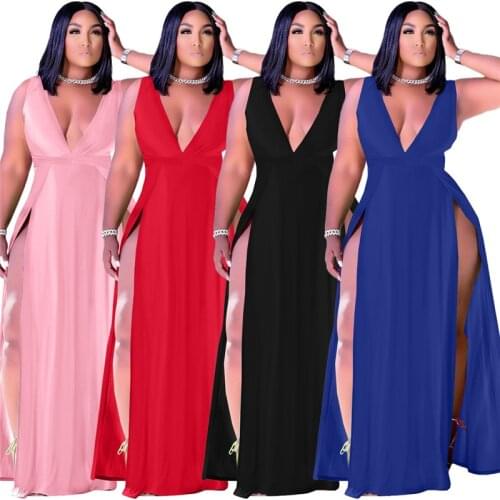 S-3xl Sexy Plus Size Dress Women Summer Solid Deep V Neck Sleeveless Personality Split Hem Maxi Dresses Wholesale Dropshipping