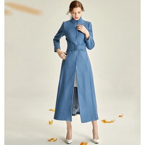 Blue Elegant Women Woolen Coat Fashion Belt Stand Collar Long Sleeve Overcoat 2020 New Autumn Winter Outerwear Jackets