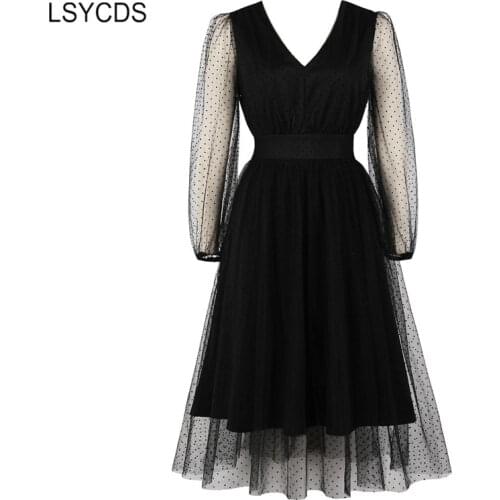LSYCDS Vintage Elegant Dresses for Women V Neck High Waist Dotted Mesh Black Fall Dress Long Sleeve Robe Pleated Party Dress
