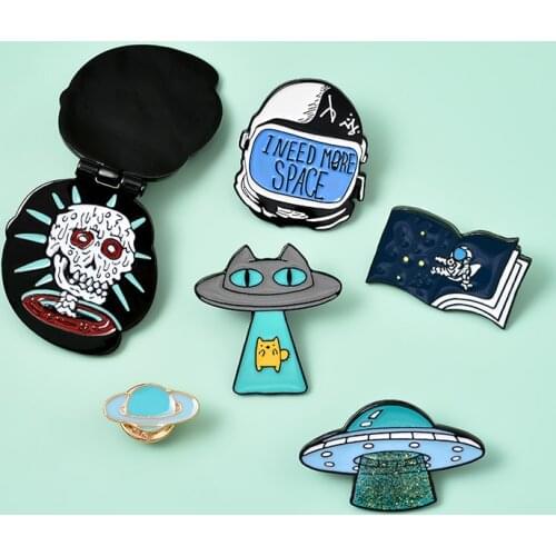 Curious Fantasy Enamel Pins Custom UFO Cat Astronaut Book Brooches Bag Clothes Lapel Space Universe Badges Kids Jewelry Gifts
