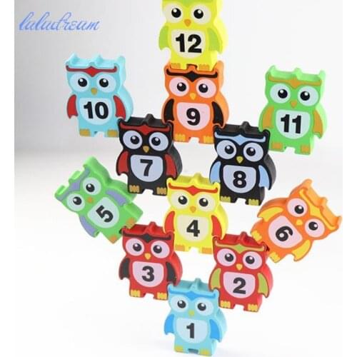 12pcs Owl Wooden Puzzle Toys Stacking Height Blocks Toy Wooden Balance Games for Children Kids
