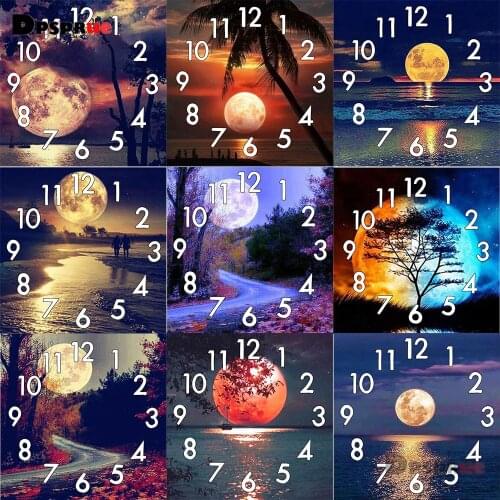 Dpsprue Full Diamond Painting Cross Stitch With Clock Mechanism Mosaic 5D Diy Square Round Moon 3d Embroidery Gift HG120