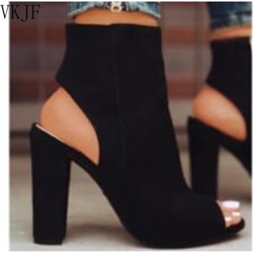 Ankle Boots Faux Suede Leather Casual Open Peep Toe High Heels Zipper Fashion Square Rubber Black Shoes for Women Plus Size