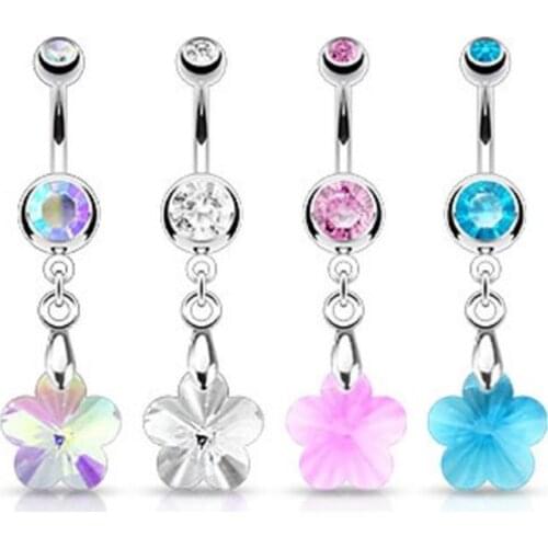 Flower Dangle 316L Surgical Steel Crystal Ray Prism Flower Belly Button Navel Ring Piercing Body Jewelry 14G 3/8"