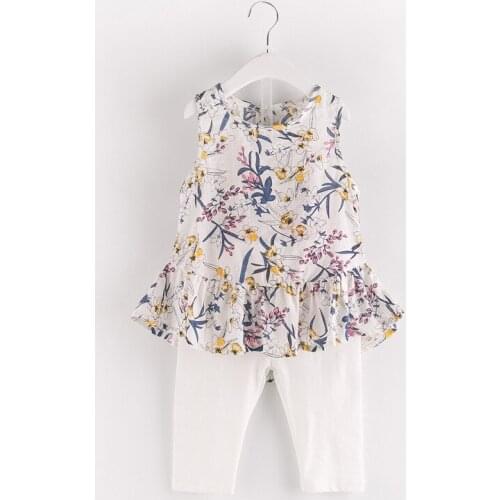 2019 children summer sets Girls new fashion floral print dress + white soft cotton Pants clothing set 2-7 years