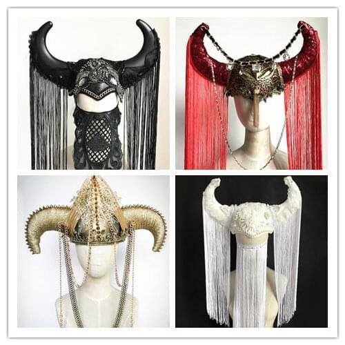 Punk Horn Fringe Exaggerated Headwear DJ Catwalk Show Halloween Headwear Pirate Horn Cap Devil Model