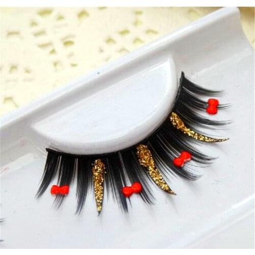 YOKPN Exaggerated Shimmery False Eyelashes Bow Gold Glitter Eyelashes Latin Dance Performance Party Photo Bride Makeup Eyelashes