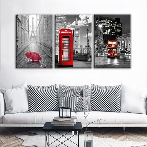JIE DO ART Modern Wall Art Framework Canvas Pictures 3 Pieces Paris Black White Eiffel Tower Red Car Umbrellas Paintings Posters