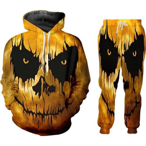 UJWI Casual Men Tracksuit Winter Two Pieces Sets Halloween Thick Hooded Zipper Jacket + Pants 2 PCS Sporting Suit Sportswears