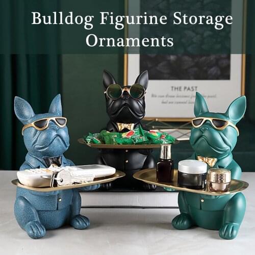 Bulldog Dog Storage Decoration Entrance Key Candy Sundries Metal Tray Nordic Style Personalized Home Resin Decor 23.5x19x20cm