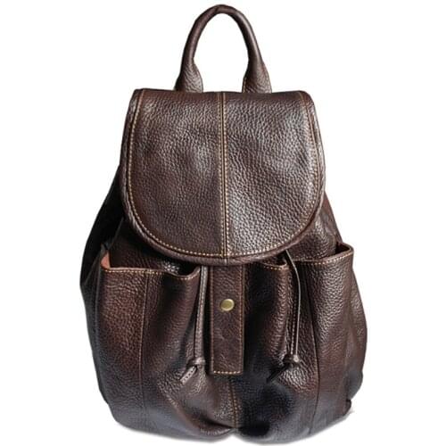 Fashion women leather backpack women backpack for teenage girls Genuine leather school bag female drawstring bag bagpack Brown