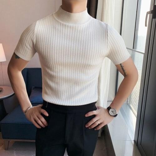 Slim Fit Stretched Turtleneck Casual Pullovers 5Colors Spring New 2021 Short Sleeve Knitted Sweater Men Clothing Solid All Match