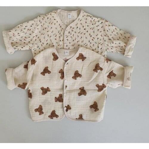2021 New Baby Girl Summer Cotton Linen Cardigan Cute Bear Print Boys Jacket Fashion Cherry Print Girls Thin Coat Toddler Tops