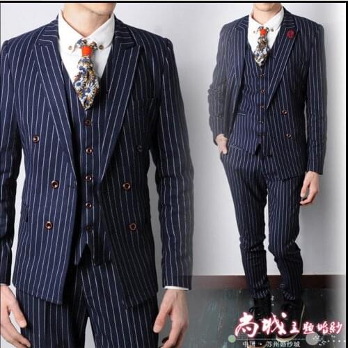 Hot 2021 New Mens Black And White Striped Suit Three-piece Clothing Singer Stage Costumes Photography Set Groom Wedding Dress
