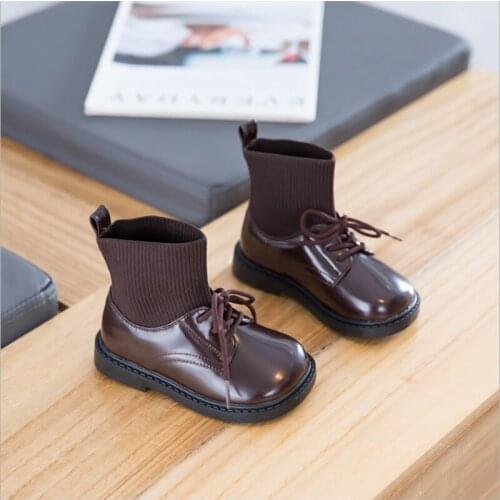 2021 New Autumn Girls Shoes Leather Knit Stitching Pricess Shoes Soft Sole Fashion Todder Kids Boots 21-33