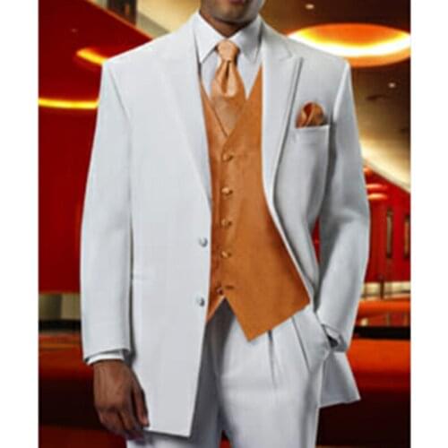 New Fashion Custom Light Grey Men Suit With Orange Vest Slim Fit Tuxedo For Wedding Dress Business Party Suit (Jacket+Vest+Pant)