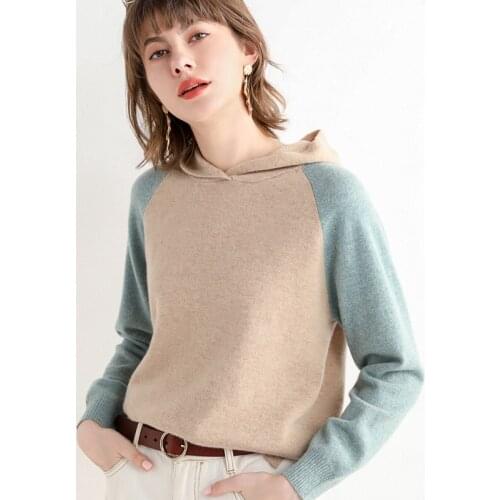 Autumn and winter new hooded womens hooded fashion color-blocking hoodie base knitted round neck sweatshirt