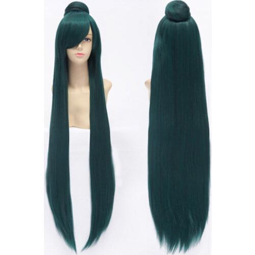100cm Long Dark Green Sailor Moon Sailor Pluto Meiou Setsuna Cosplay Wig With Detachable Bun Synthetic Hair Wigs + Wig Cap