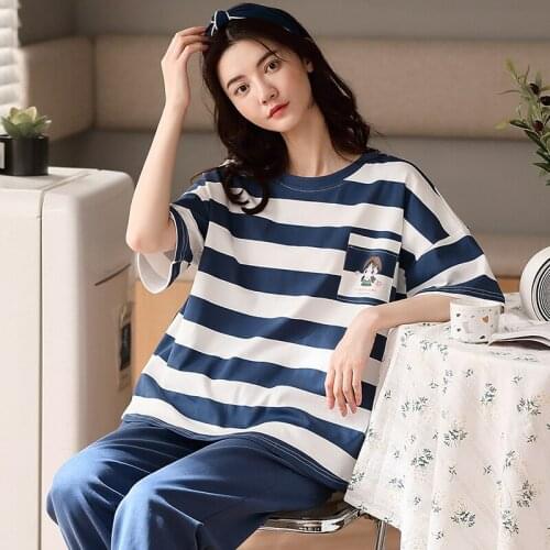 Womens Pajamas Pure Cotton Pajamas With Trousers Spring Autumn Summer Stripe Sleepwear Sweet Large Nightie Female Home Clothes