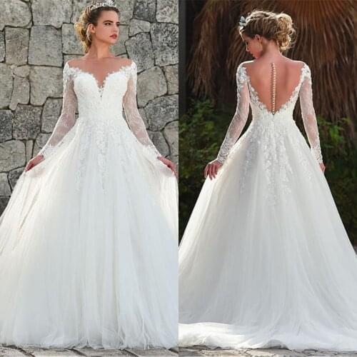 Arabic Turkey Women Wedding Gowns Tulle With Applique Lace Sheer Back A-line Wedding Dress Long Sleeve vestido de noiva 2021