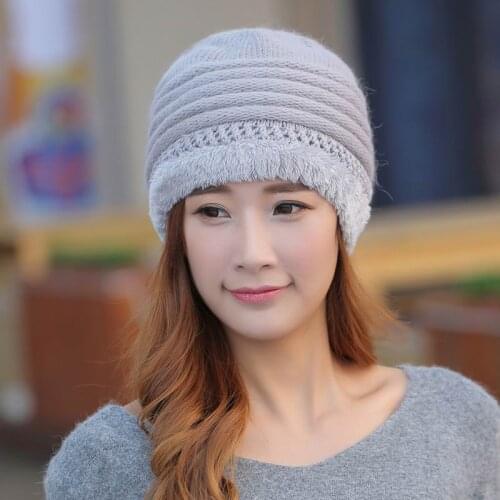 Kagenmo Mother Winter Hat Rabbit Fur Knit Thick Cap Outdoor Keep Warm Knitting Fur Hat New Year Gift