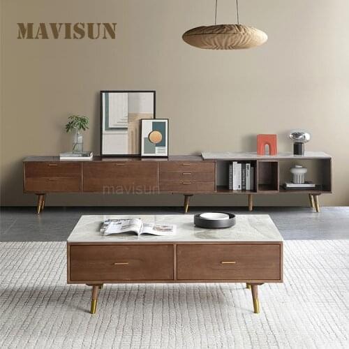 Nordic Solid Wood Glossy Rock Slab Coffee Table TV Cabinet Combination Simple Modern Small Apartment Living Room Furniture