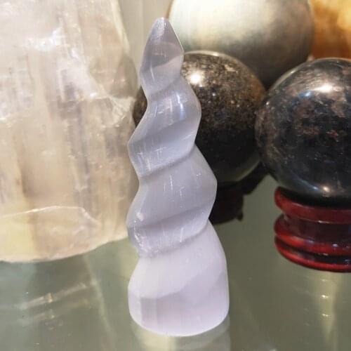 4inch Selenite spiral Unicorn Horn Carving Satin Spar Crystal Gemstone Crystal Reiki Healing raw white gypsum stone massager
