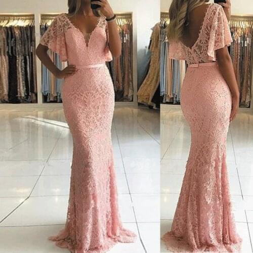 SuperKimJo Short Sleeve Pink Evening Dresses Long Lace Applique Elegant Mermaid Cheap Evening Gown Robe De Soiree