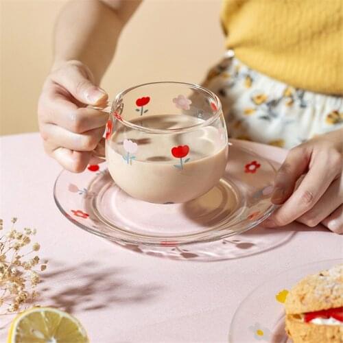 Japanese Transparent Flower Glass Milk Cup With Spoon and Dish Set Coffee Breakfast Mug Dessert Plate Cute Simple Teacup Gifts