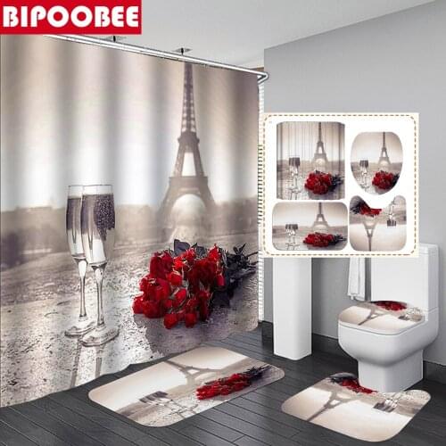 3D Eiffel Tower Shower Curtain Wine Glass Rose Print Bathroom Curtains Valentines Day Decoration Bath Mat Set Toilet Lid Cover