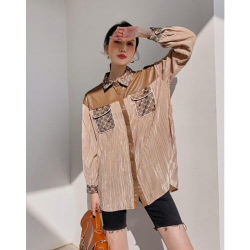 Elegant Long Sleeve Button Up Shirt Women Vintage Pattern Patchwork Pocket Blouse 2021 Spring Clothing