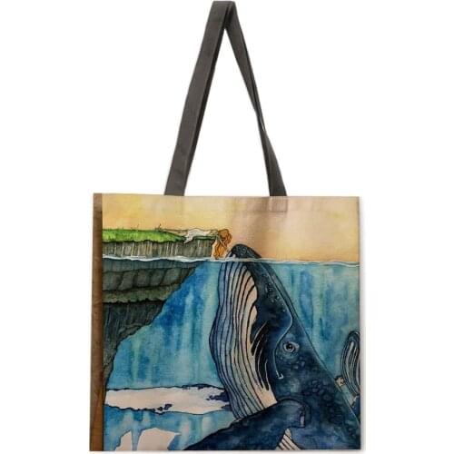 Ocean whale ladies printed tote bag linen shoulder bag tote bag outdoor beach bag reusable shopping bag