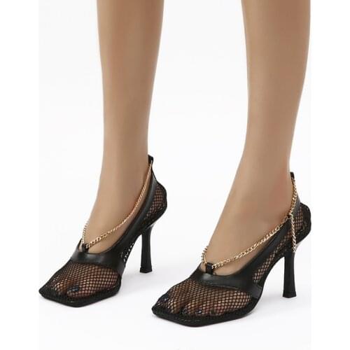 2021 Autumn New Womens High-Heeled Shoes Fashion Square Catwalk Net Surface Hollow Metal Chain Breathable Stiletto Sandals