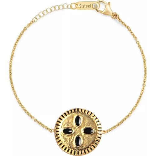 Vintage Stainlesss Steel Round Charm Bracelets For Women Black Enamel Gold Chain Bracelets On Hand Pulseras Mujer Wholesale