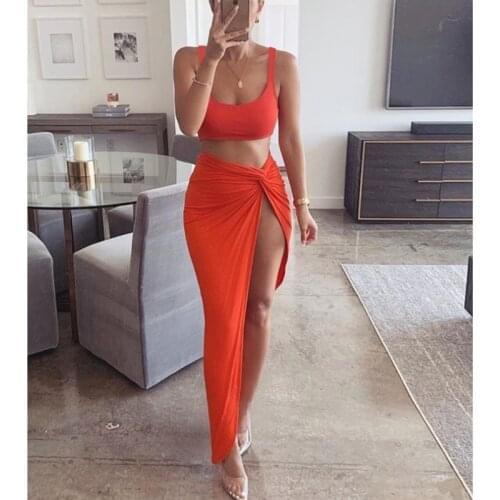 2021 New Solid Color Sexy Party 2 Piece Set Women Plus Size Crop Top Twist Side Split Long Skirts Dress Sets Outfits Fashion
