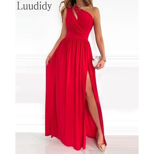 One Shoulder Hollow High Slit Maxi Dress Women Solid Color Sleeveless Ruched Asymmetrical Dress