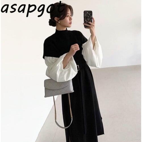 Autumn Chic Stand Collar Black White Patchwork Lantern Sleeve Lace Up Waist Fake Two-piece Knitted Dress Women Loose Winter Wild