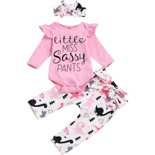 3Pcs Newborn Baby Girls Clothes Long Sleeve Ruffles Letter Printed Romper Cartoon Dinosaur Pants Headband Set 6 12 18 24 Months