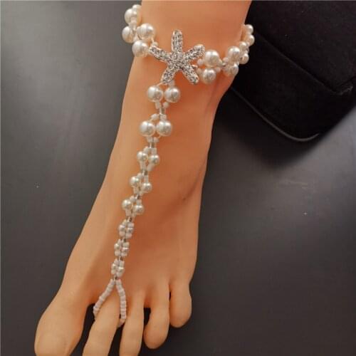 Boho Crystal Starfish Imitation Pearl Chain Toe Ring Elastic Anklets Bridal Foot Jewelry Beach Barefoot Sandals Anklet For Women