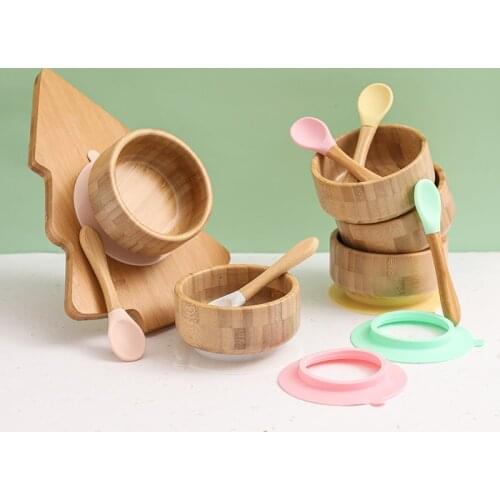 Baby Dinner Plate Baby Feeding Bowl Childrens Dishes Wooden Kids Feeding Dinnerware With Silicone Suction Cup Wooden Spoon